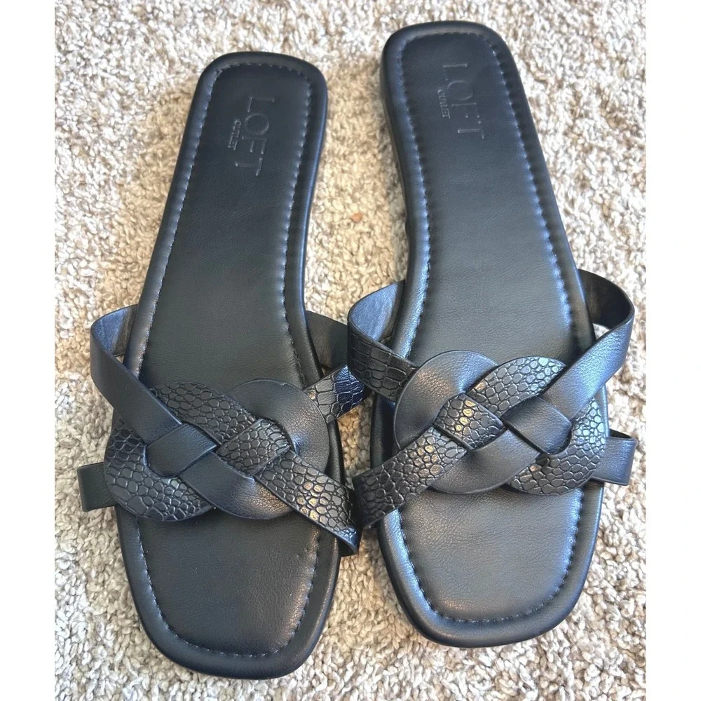 Loft Outlet Black Knotted Preppy Slide Croc Embossed Faux Leather‎ Sz 8/8.5